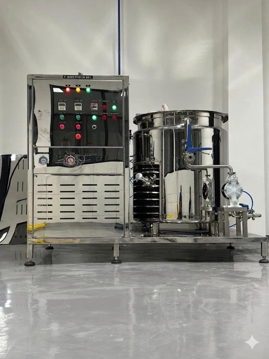 Fabrikasi sistem skid-mounted terintegrasi meliputi tangki proses stainless steel, pompa diafragma pneumatik (AODD), dan panel kontrol elektrikal oleh PT BSE
