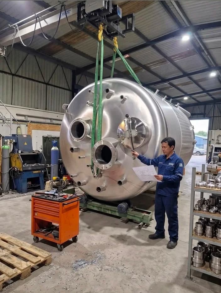 Proses Quality Control (QC) dan inspeksi dimensi fabrikasi tangki stainless steel skala besar tipe dimple jacket di workshop fasilitas PT BSE