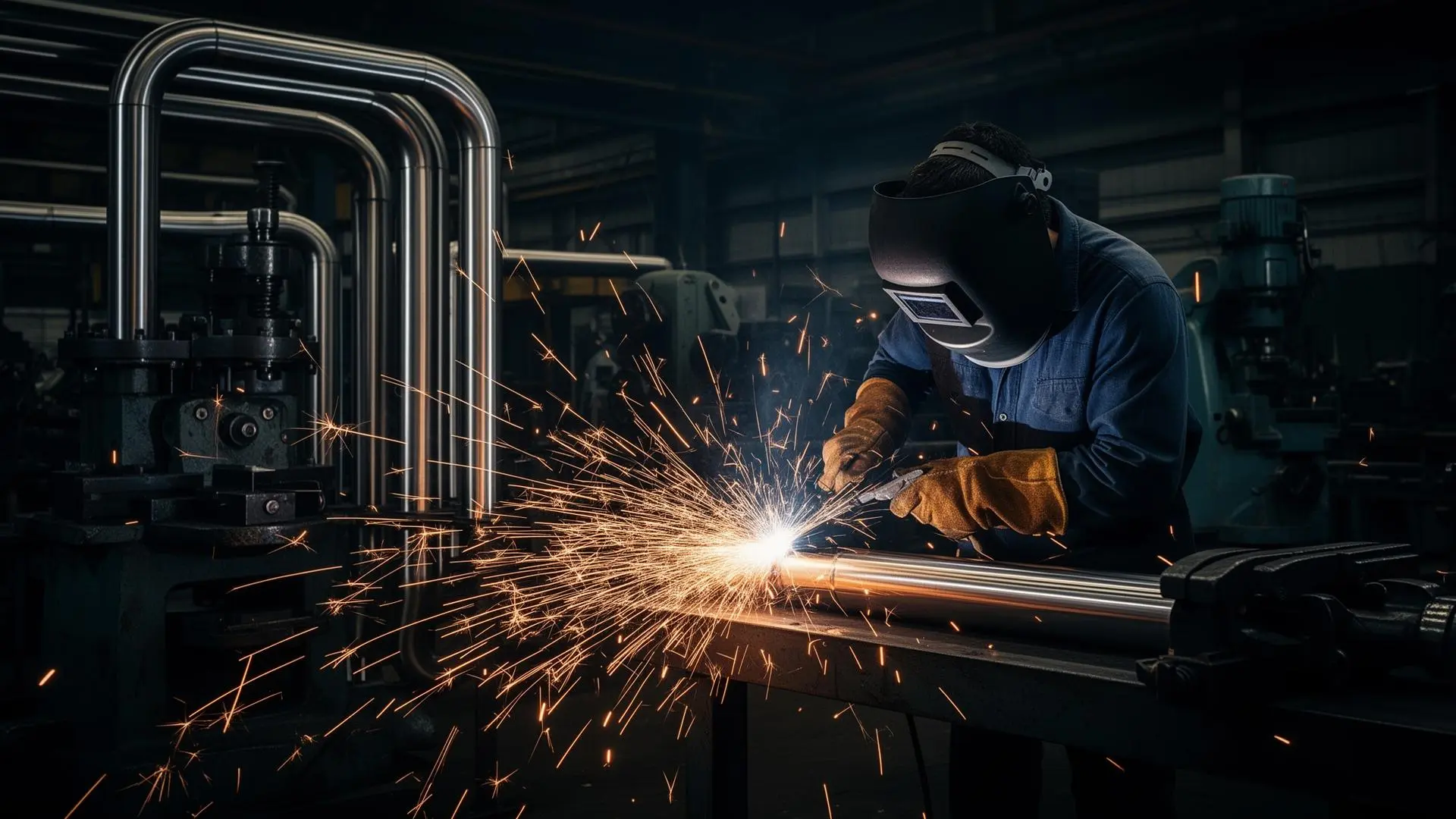 Proses pengelasan presisi pada pengerjaan fabrikasi logam dan MEP di workshop industri