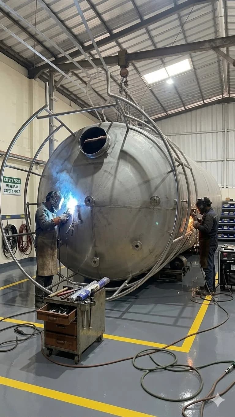Proses pengelasan dan perakitan tangki penyimpanan (storage tank) stainless steel skala besar oleh tenaga welder profesional di workshop PT BSE yang mengutamakan K3.